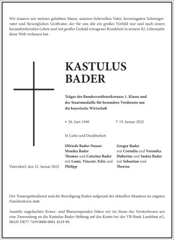 Traueranzeige von Kastulus Bader von Frankfurter Allgemeine Zeitung