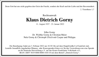 Traueranzeige von Klaus Dietrich Gorny von Frankfurter Allgemeine Zeitung