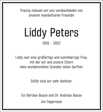 Traueranzeige von Liddy Peters von Frankfurter Allgemeine Zeitung