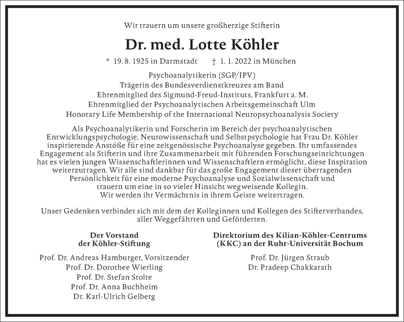  Traueranzeige für Lotte Köhler vom 15.01.2022 aus Frankfurter Allgemeine Zeitung