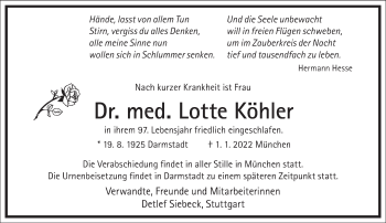 Traueranzeige von Lotte Köhler von Frankfurter Allgemeine Zeitung