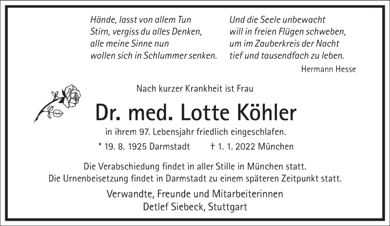  Traueranzeige für Lotte Köhler vom 08.01.2022 aus Frankfurter Allgemeine Zeitung