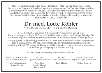 Traueranzeige von Lotte Köhler von Frankfurter Allgemeine Zeitung