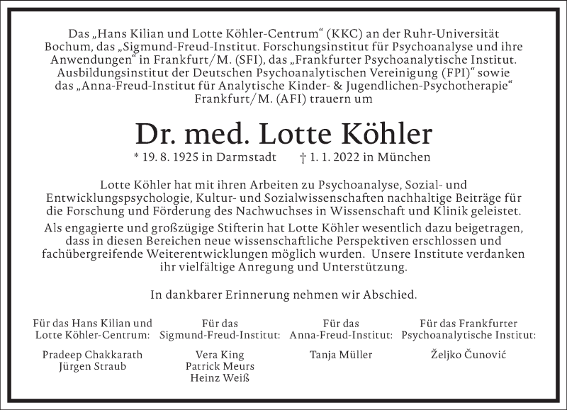  Traueranzeige für Lotte Köhler vom 22.01.2022 aus Frankfurter Allgemeine Zeitung