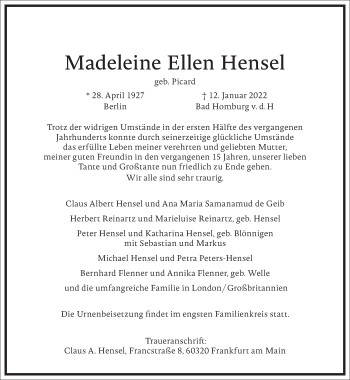 Traueranzeige von Madeleine Hensel von Frankfurter Allgemeine Zeitung