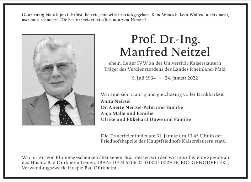  Traueranzeige für Manfred Neitzel vom 27.01.2022 aus Frankfurter Allgemeine Zeitung