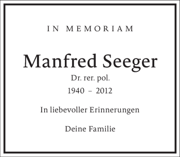 Traueranzeige von Manfred Seeger von Frankfurter Allgemeine Zeitung