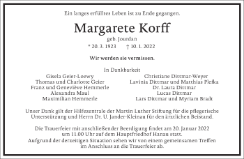 Traueranzeige von Margarete Korff von Frankfurter Allgemeine Zeitung