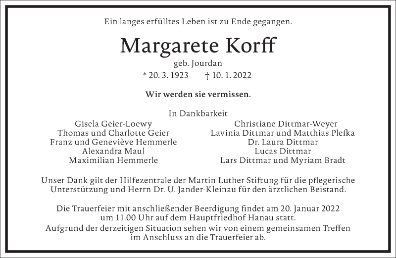  Traueranzeige für Margarete Korff vom 15.01.2022 aus Frankfurter Allgemeine Zeitung