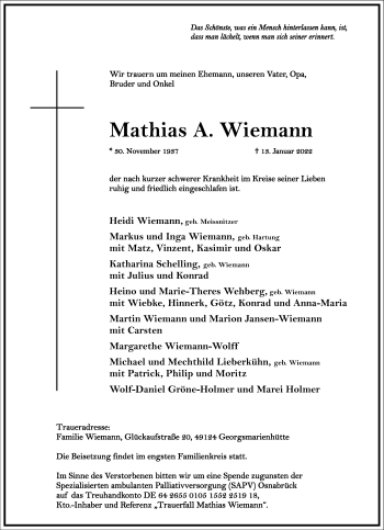 Traueranzeige von Mathias A. Wiemann von Frankfurter Allgemeine Zeitung