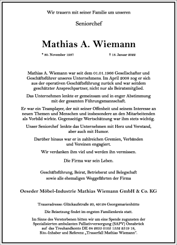 Traueranzeige von Mathias A. Wiemann von Frankfurter Allgemeine Zeitung