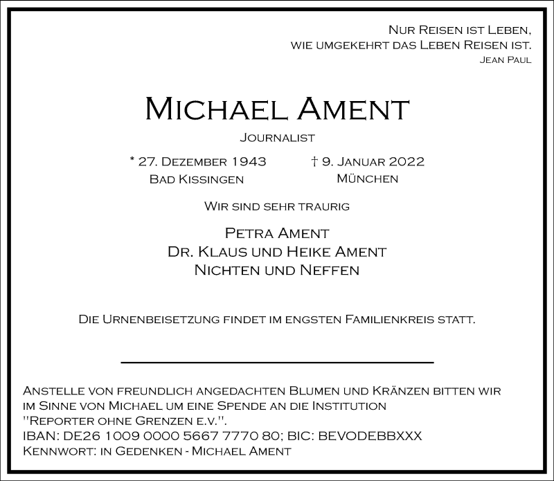  Traueranzeige für Michael Ament vom 15.01.2022 aus Frankfurter Allgemeine Zeitung