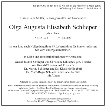Traueranzeige von Olga Augusta Elisabeth Schlieper von Frankfurter Allgemeine Zeitung