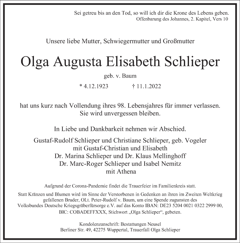  Traueranzeige für Olga Augusta Elisabeth Schlieper vom 22.01.2022 aus Frankfurter Allgemeine Zeitung