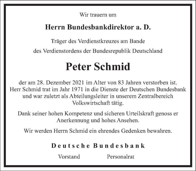  Traueranzeige für Peter Schmid vom 12.01.2022 aus Frankfurter Allgemeine Zeitung