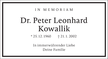 Traueranzeige von Peter Leonhard Kowallik von Frankfurter Allgemeine Zeitung