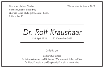 Traueranzeige von Rolf Kraushaar von Frankfurter Allgemeine Zeitung