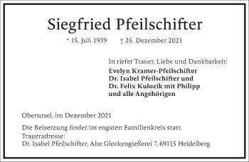 Traueranzeige von Siegfried Pfeilschifter von Frankfurter Allgemeine Zeitung