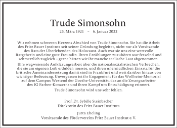 Traueranzeige von Trude Simonsohn von Frankfurter Allgemeine Zeitung