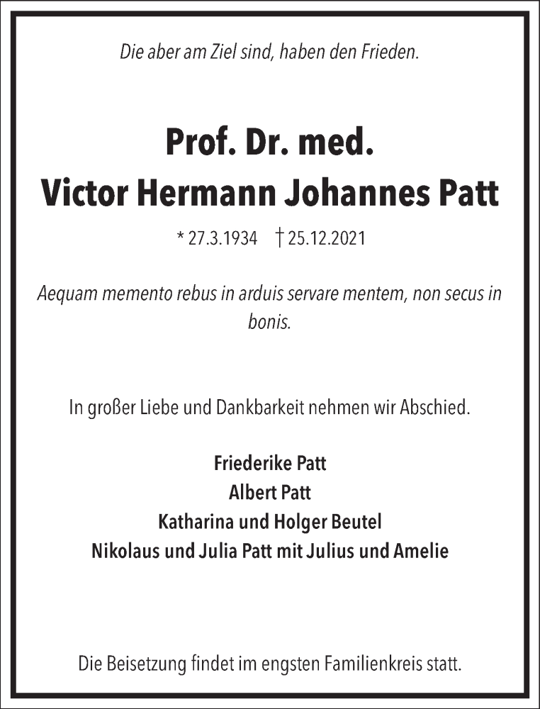  Traueranzeige für Victor Patt vom 20.01.2022 aus Frankfurter Allgemeine Zeitung