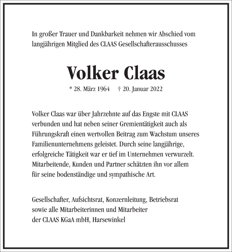  Traueranzeige für Volker Claas vom 26.01.2022 aus Frankfurter Allgemeine Zeitung