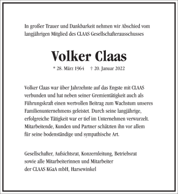 Traueranzeige von Volker Claas von Frankfurter Allgemeine Zeitung
