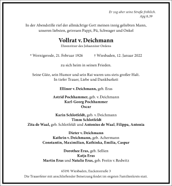 Traueranzeige von Vollrat v. Deichmann von Frankfurter Allgemeine Zeitung