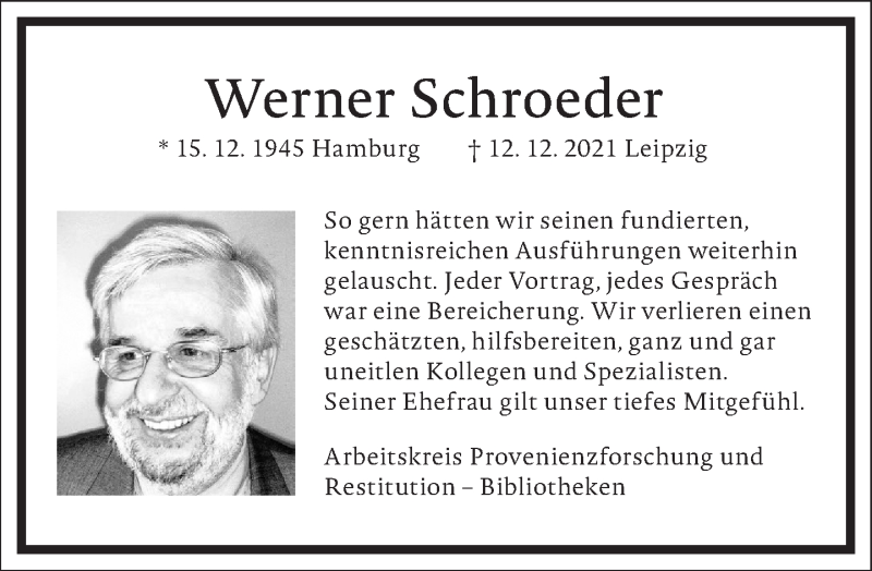  Traueranzeige für Werner Schroeder vom 22.01.2022 aus Frankfurter Allgemeine Zeitung
