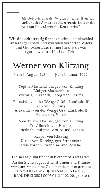 Traueranzeige von Werner von Klitzing von Frankfurter Allgemeine Zeitung