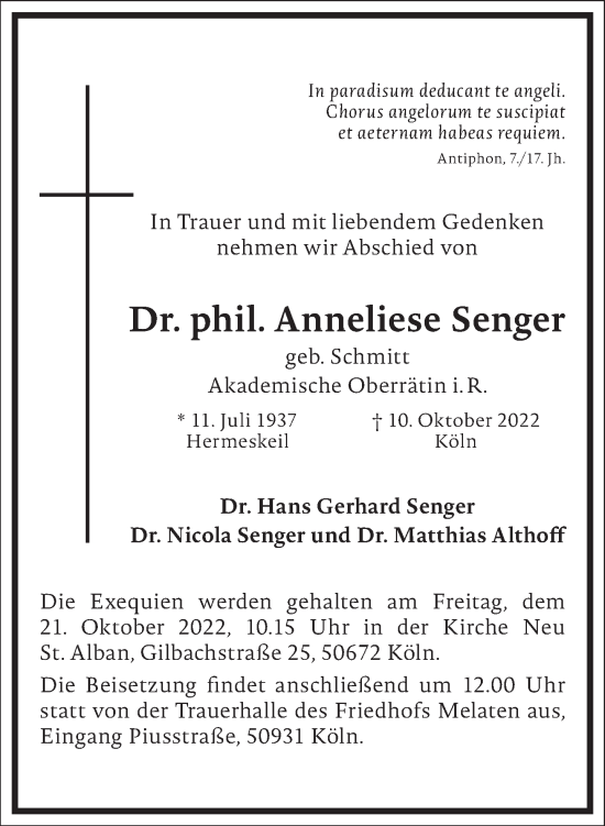 Traueranzeige von Anneliese Senger von Frankfurter Allgemeine Zeitung