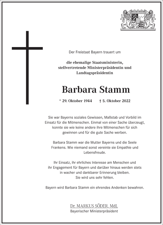 Traueranzeige von Barbara Stamm von Frankfurter Allgemeine Zeitung