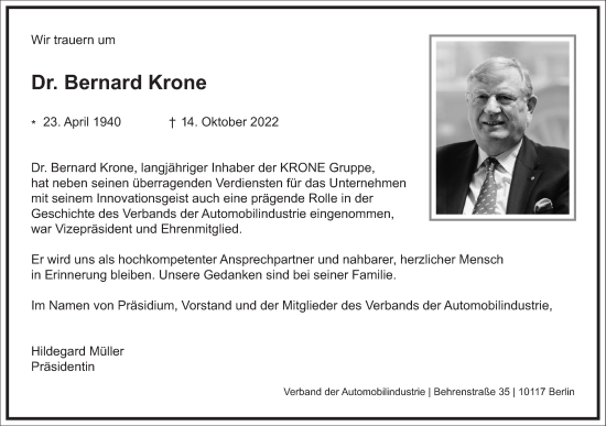 Traueranzeige von Bernard Krone von Frankfurter Allgemeine Zeitung