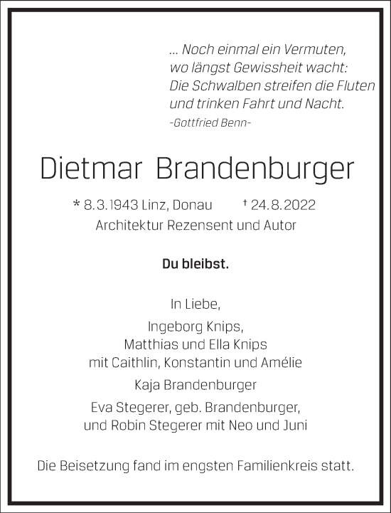 Traueranzeige von Dietmar Brandenburger von Frankfurter Allgemeine Zeitung