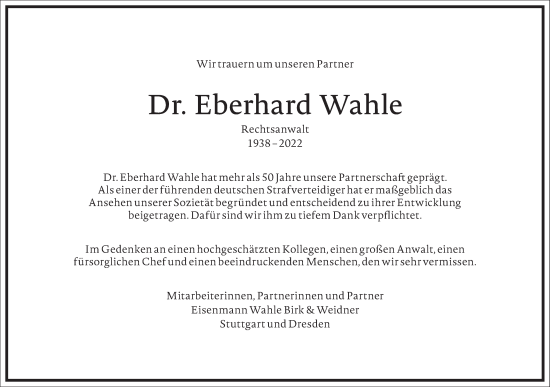 Traueranzeige von Eberhard Wahle von Frankfurter Allgemeine Zeitung