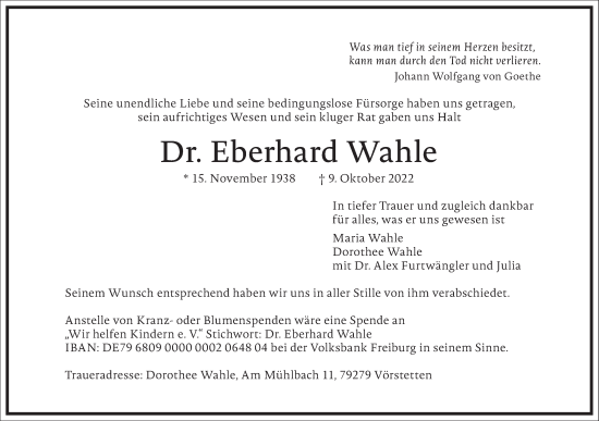 Traueranzeige von Eberhard Wahle von Frankfurter Allgemeine Zeitung