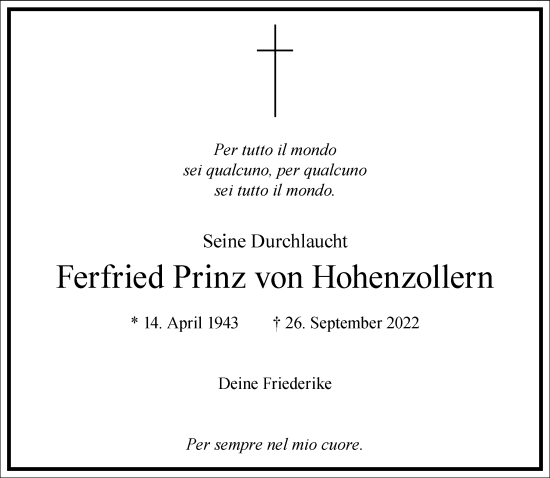 Traueranzeige von Ferfried Prinz von Hohenzollern von Frankfurter Allgemeine Zeitung