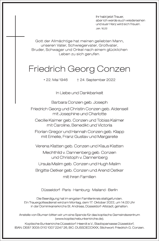 Traueranzeige von Friedrich Georg Conzen von Frankfurter Allgemeine Zeitung