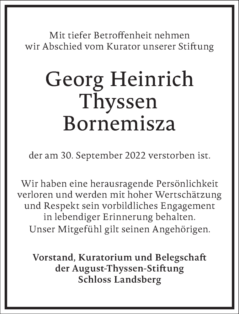  Traueranzeige für Georg Heinrich Thyssen Bornemisza vom 19.10.2022 aus Frankfurter Allgemeine Zeitung