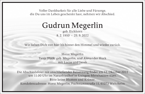 Traueranzeige von Gudrun Megerlin von Frankfurter Allgemeine Zeitung