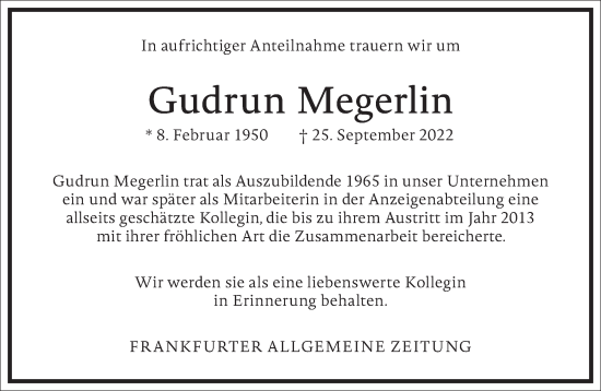 Traueranzeige von Gudrun Megerlin von Frankfurter Allgemeine Zeitung