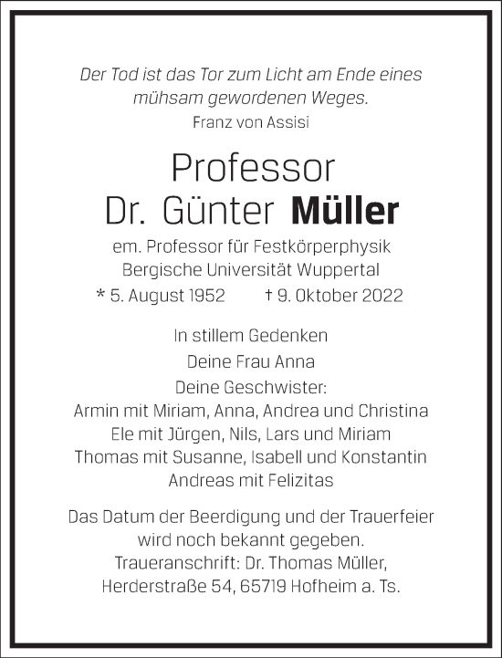 Traueranzeige von Günter Müller von Frankfurter Allgemeine Zeitung