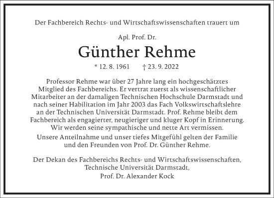 Traueranzeige von Günther Rehme von Frankfurter Allgemeine Zeitung