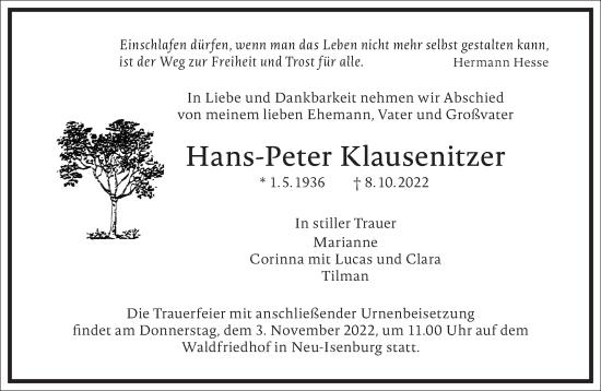 Traueranzeige von Hans-Peter Klausenitzer von Frankfurter Allgemeine Zeitung