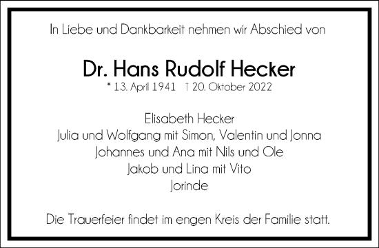 Traueranzeige von Hans Rudolf Hecker von Frankfurter Allgemeine Zeitung