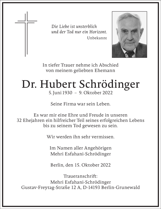 Traueranzeige von Hubert Schrödinger von Frankfurter Allgemeine Zeitung