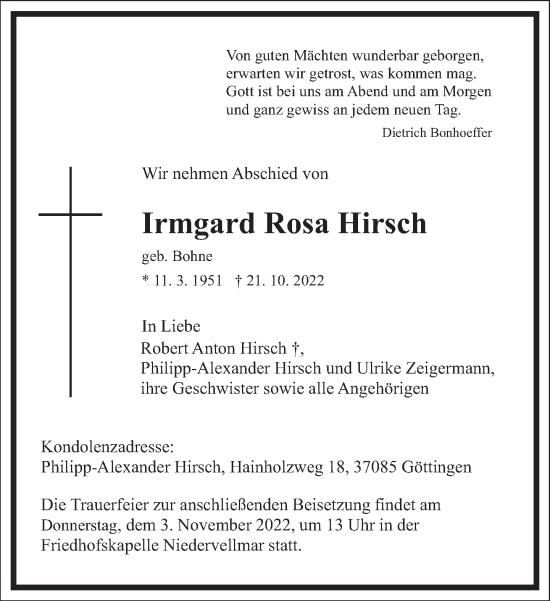 Traueranzeige von Irmgard Rosa Hirsch von Frankfurter Allgemeine Zeitung