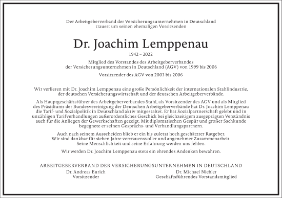 Traueranzeige von Joachim Lemppenau von Frankfurter Allgemeine Zeitung