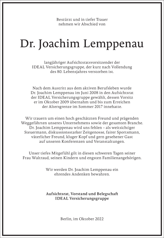 Traueranzeige von Joachim Lemppenau von Frankfurter Allgemeine Zeitung