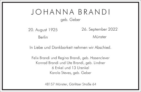 Traueranzeige von Johanna Brandi von Frankfurter Allgemeine Zeitung