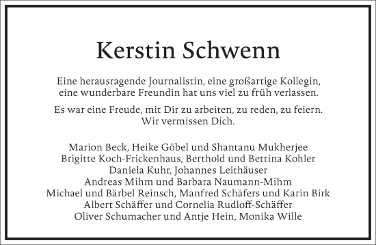 Traueranzeige von Kerstin Schwenn von Frankfurter Allgemeine Zeitung